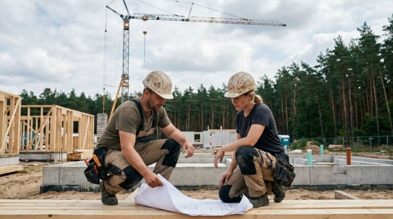Baubegleitung Neuruppin: zwei Baufachleute besprechen Pläne auf der Baustelle