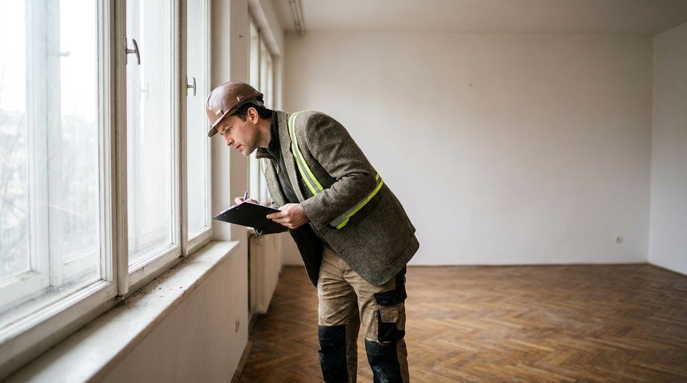 Wohnungsbegehung in Neuruppin: Sachverständiger prüft die Fenster einer leeren Wohnung