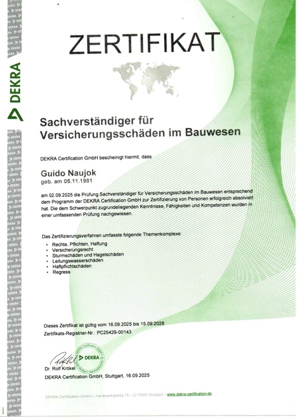 DEKRA Zertifikat Guido Naujok, Sachverständiger für Versicherungsschäden im Bauwesen